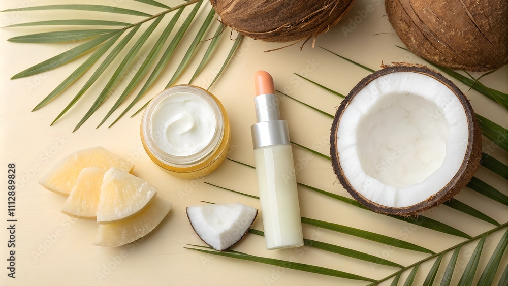 Coconut oil lip balm and products arranged on tropical leaves Coconut oil lip balm and products arranged on tropical leaves