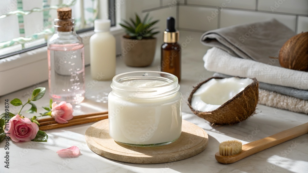 Open jar of coconut oil on bathroom countertop for lip hydration Open jar of coconut oil on bathroom countertop for lip hydration