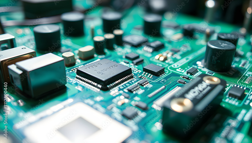 Electronic circuit board with electronic components such as chips close up. Blurry background isolated with white highlights, png Electronic circuit board with electronic components such as chips close up. Blurry background isolated with white highlights, png