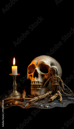 Old Skull and candle with incense on old altar plate which has dim light. Select focus, black background. Straw voodoo dolls isolated with white highlights, png