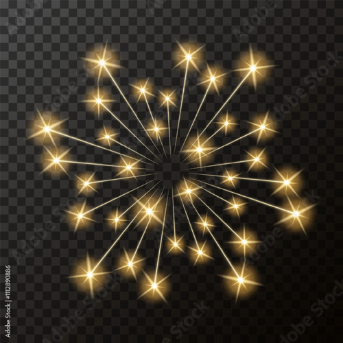 Vector glow element. Realistic christmas sparkler on transparent background. Burning sparkling candle, fireworks and festive fire. Isolated magic light for holiday and birthday background.