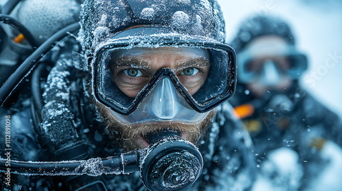 Divers explore icy underwater depths while wearing snow-covered gear in a remote location during winter conditions