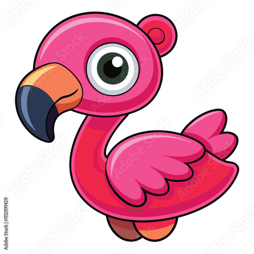 Adorable Cartoon Pink Flamingo with Big Eye and Colorful Beak Smiling Cheerfully on a Simple White Background Adding Fun and Whimsy to Any Design