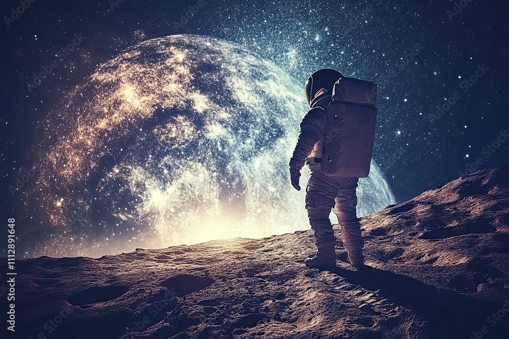 Astronaut gazing at cosmic planet, starry night. Astronaut gazing at cosmic planet, starry night.