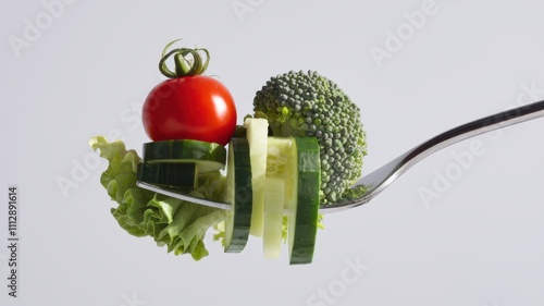 Close-Up of Spoon with Fresh Produce, Including Tomato, Broccoli, and Cucumber