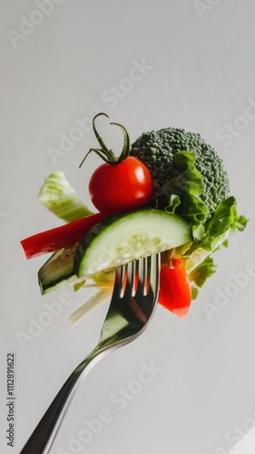Fork Holding Fresh Salad Vegetables with Neutral Grey Background in Close-Up