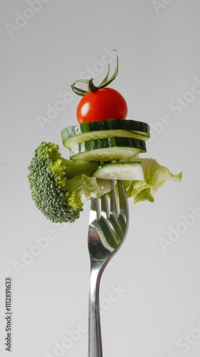 Fork with Fresh Green Salad Against Neutral Gray Background in Food Photography