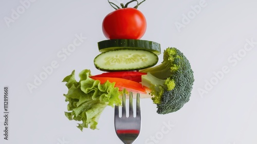 Vibrant Fresh Vegetables Arranged on Fork Against Plain White Background