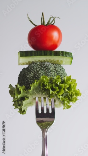 Fork with Fresh Vegetables Including Tomato, Broccoli, Cucumber, and Lettuce
