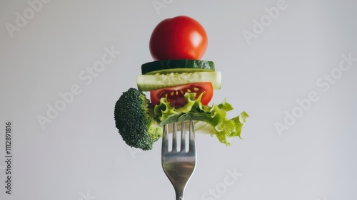 Fork Holding Fresh Broccoli, Tomato, and Cucumber Against Plain Background