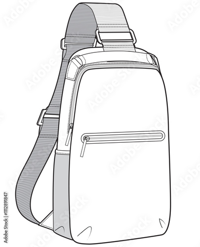 Single strap backpack flat sketch vector illustration technical cad drawing template