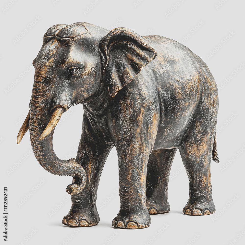 Fototapeta premium Detailed Elephant Sculpture in Antique Finish, Capturing Nature's Majesty, Perfect for Home Decor, Art Collection, or Cultural Displays