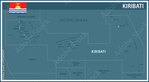 Kiribati Map Vector Vintage Dark Blue Beige - Customizable layered political map of Kiribati with administrative divisions for website, education, reports, news, politics, print, poster and wallpaper