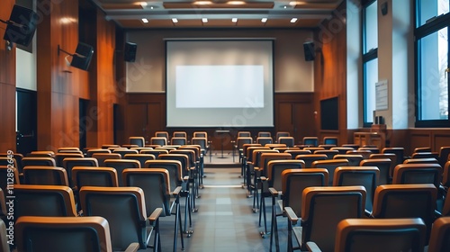 A professional conference room with a banner template design on a projector screen