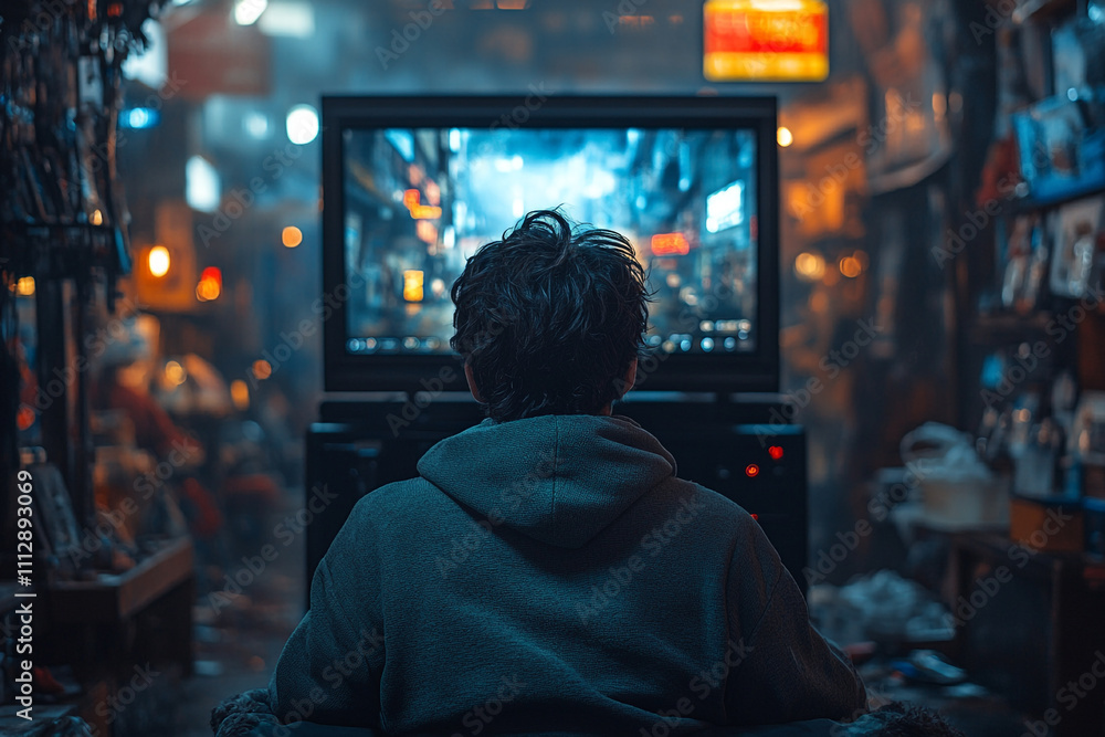 Young Man Immersed In A Video Game On A Large Screen Young Man Immersed In A Video Game On A Large Screen