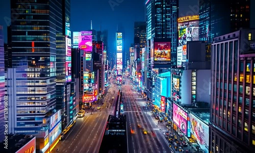 Times Square Night: A dazzling aerial view of New York City's iconic Times Square at night, vibrant with lights and energy.