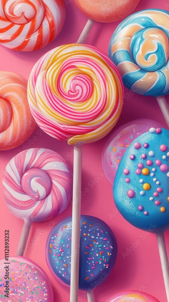 Colorful lollipops in pop-art style on a pink background, AI-generated Colorful lollipops in pop-art style on a pink background, AI-generated