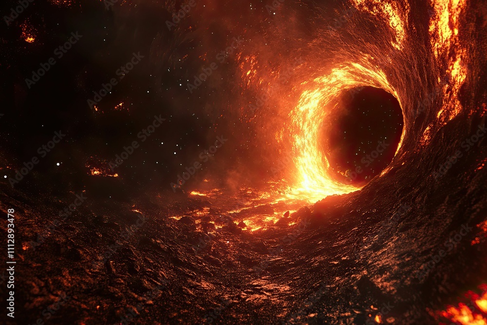 Fiery cosmic vortex, glowing lava, dark space.