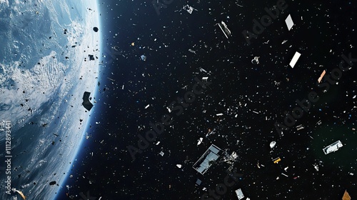 Fototapeta Naklejka Na Ścianę i Meble -  Space debris orbiting Earth, environmental hazard.