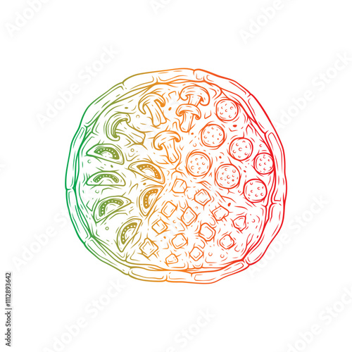 Large round assorted pizza with mushrooms, cheese, salami and tomatoes. Original vector illustration in vintage style.