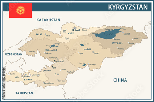 Kyrgyzstan Map Vector Vintage Dark Blue Beige - Customizable layered political map of Kyrgyzstan with administrative divisions for website, education, reports, news, politics, print, poster