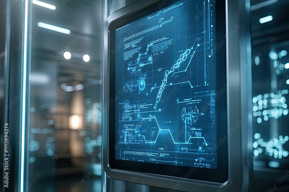Futuristic screen displays graphs, data, and code. Futuristic screen displays graphs, data, and code.