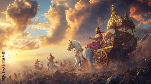 A depiction of Arjuna receiving the Bhagavad Gita from Lord Krishna on a chariot, amidst a battlefield with dramatic skies