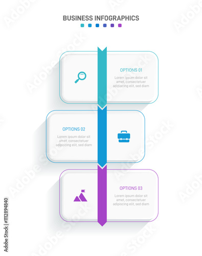 Vertical progress bar featuring 3 arrow-shaped elements, symbolizing the three stages of business strategy and progression. Clean timeline infographic design template. Vector for mobile presentation.