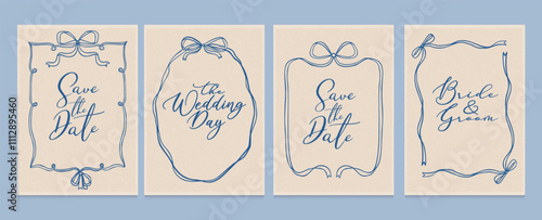 Vintage wedding invitation card. Hand drawn bow and ribbon in blue color. Decorative romantic motifs for postcard, poster templates. Save the date. Vector background design