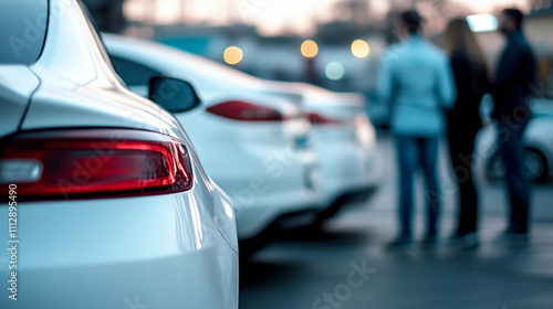A close-up of a new car's taillight in a parking lot, with a dealer and clients on the blurred background.
