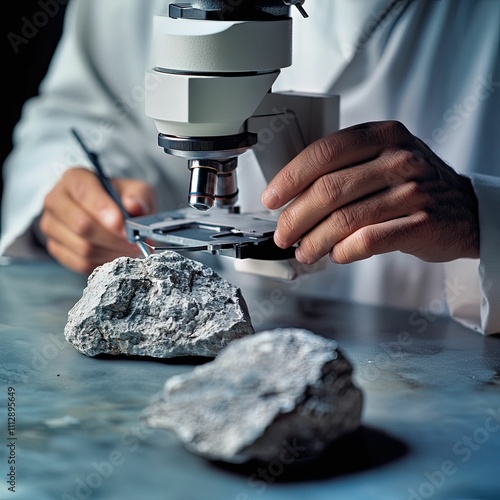 Scientist examines rocks with a microscope.