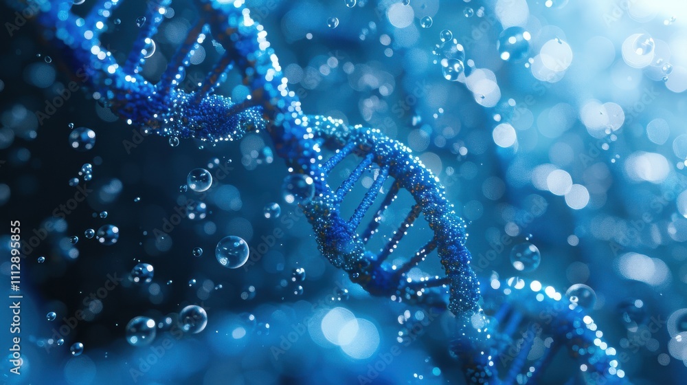 Beautiful blue DNA double helix spiral surrounded by light bokeh and bubbles, with a calming blue background Beautiful blue DNA double helix spiral surrounded by light bokeh and bubbles, with a calming blue background