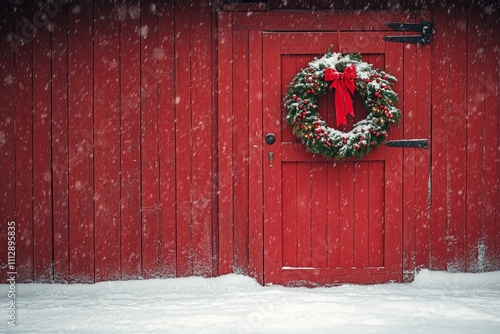 Simple wreath hanging on red barn door in snow