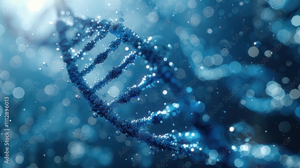 Beautiful blue DNA double helix spiral surrounded by light bokeh and bubbles, with a calming blue background Beautiful blue DNA double helix spiral surrounded by light bokeh and bubbles, with a calming blue background