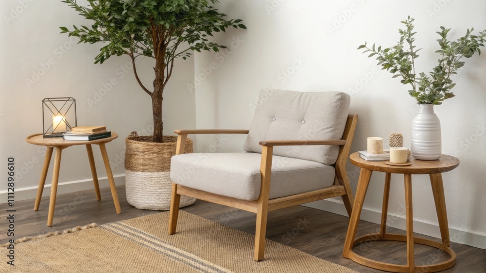 Fototapeta premium A softly lit corner showcasing a simple armchair with light gray upholstery surrounded by gentle wooden side tables and a small indoor tree that brings a touch of nature