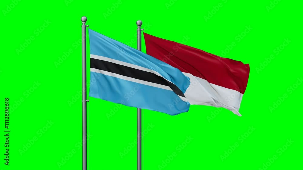 Indonesia and Botswana flags flying together, video concept of the relationship with colored chroma key for easy background remove Indonesia and Botswana flags flying together, video concept of the relationship with colored chroma key for easy background remove
