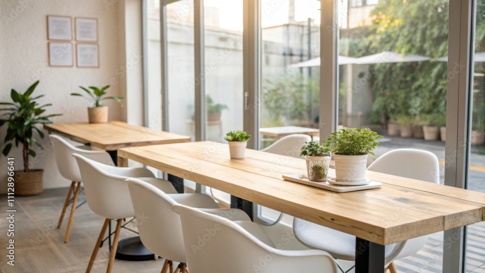 A contemporary dining space characterized by a long light wood table paired with minimalist chairs where bright natural light pours through panoramic glass doors enhancing A contemporary dining space characterized by a long light wood table paired with minimalist chairs where bright natural light pours through panoramic glass doors enhancing