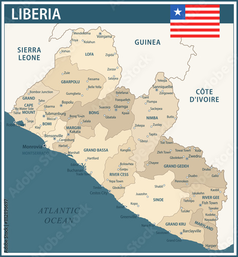 Liberia Map Vector Vintage Dark Blue Beige - Customizable layered political map of Liberia with administrative divisions for website, education, reports, news, politics, print, poster and wallpaper