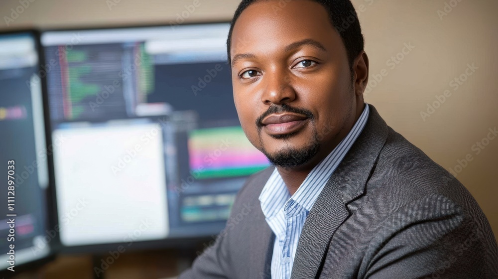 Professional African-American Businessman at Workstation with Multiple Monitors Professional African-American Businessman at Workstation with Multiple Monitors