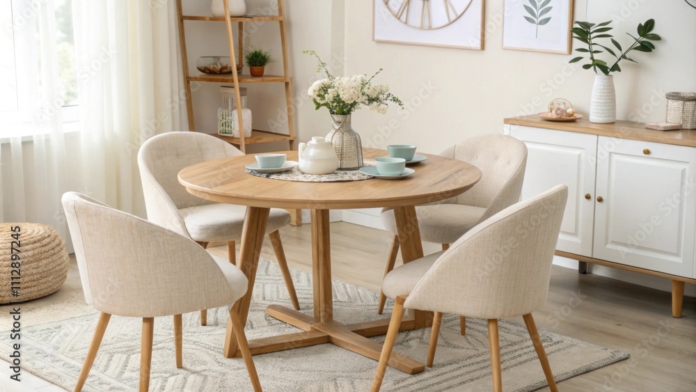 The gentle hues of the dining room highlight a round wooden table surrounded by smoothly designed chairs all arranged in an inviting and serene atmosphere. The gentle hues of the dining room highlight a round wooden table surrounded by smoothly designed chairs all arranged in an inviting and serene atmosphere.