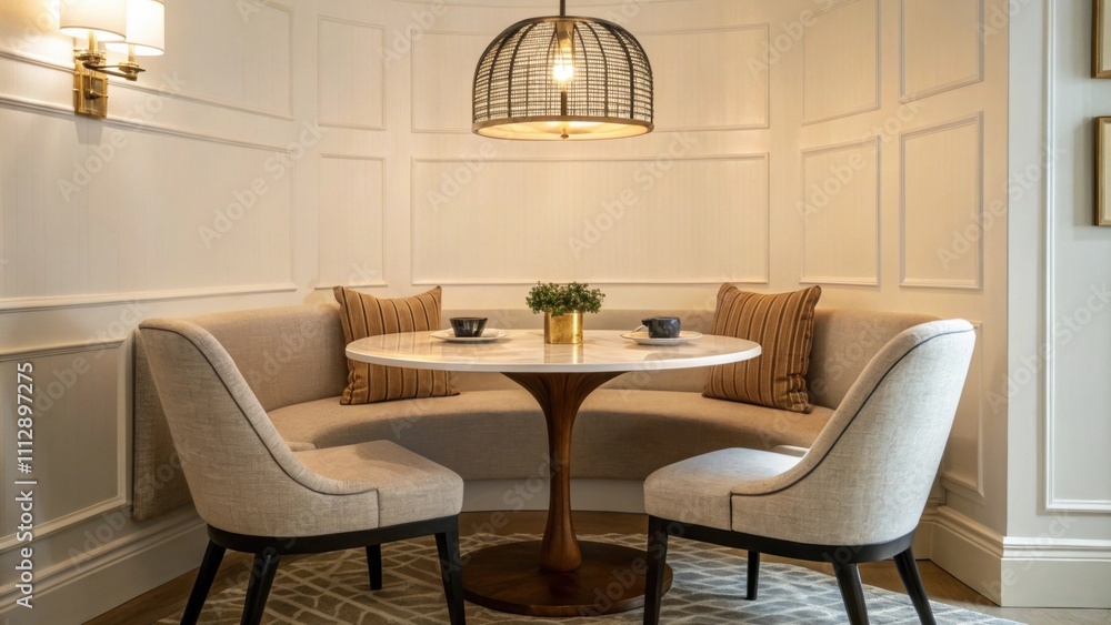 Fototapeta premium A charming nook displaying a retro round table flanked by comfortable upholstered chairs illuminated by a graphic midcentury light fixture that provides an artistic focal