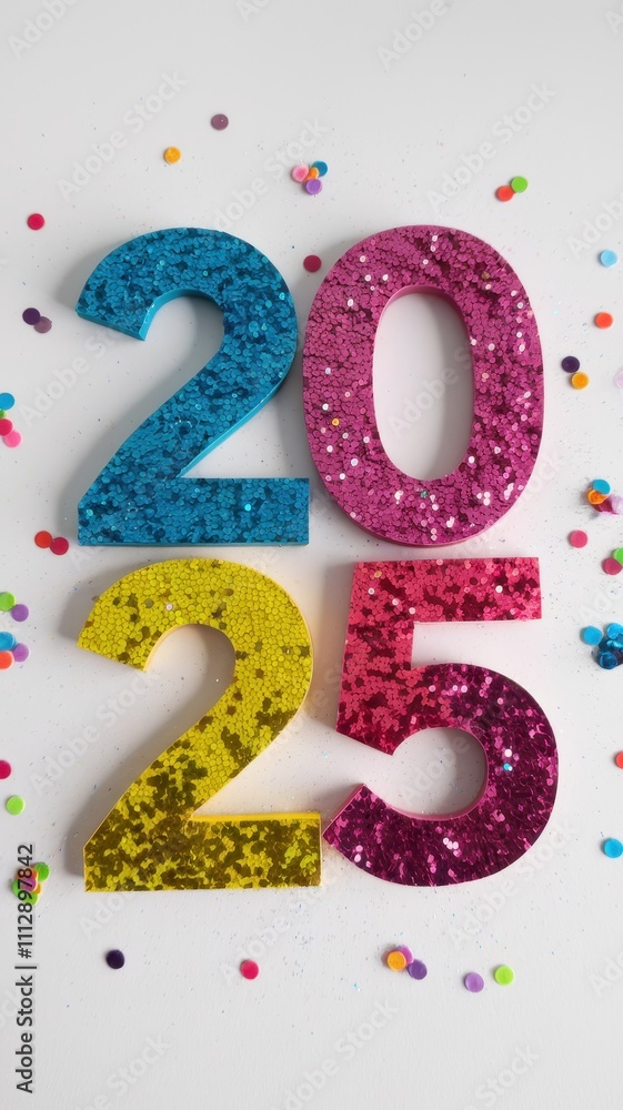Festive 2015 design with smiley face confetti and colorful glitter accents Festive 2015 design with smiley face confetti and colorful glitter accents