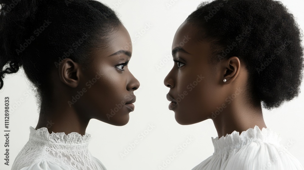 Elegant Twin Sisters in White Dresses Facing Each Other Elegant Twin Sisters in White Dresses Facing Each Other