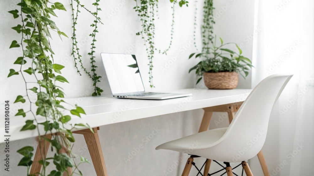 A minimalist workspace showcases a smooth white surface with a streamlined chair complemented by a delicate green plant nestled in one corner creating a fresh and inviting A minimalist workspace showcases a smooth white surface with a streamlined chair complemented by a delicate green plant nestled in one corner creating a fresh and inviting