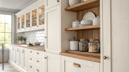 Vintageinspired accents bring charm to a lightfilled kitchen where creamy white cabinets blend seamlessly with warm wood shelves showcasing antique dishware and mason jars. photo