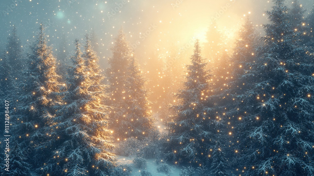 A serene winter landscape with snow-covered trees and glowing lights. A serene winter landscape with snow-covered trees and glowing lights.