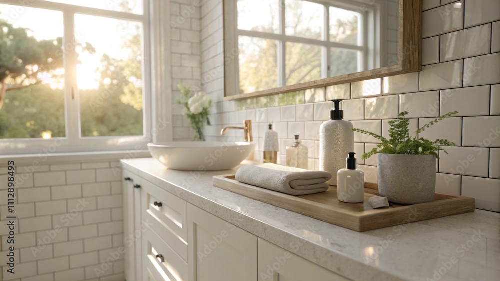 Soft sunlight fills a calming bathroom highlighting a minimalist neutral countertop and glossy white tiles that create a serene atmosphere. Soft sunlight fills a calming bathroom highlighting a minimalist neutral countertop and glossy white tiles that create a serene atmosphere.