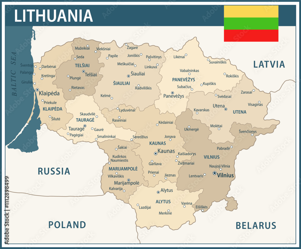 Naklejka premium Lithuania Map Vector Vintage Dark Blue Beige - Customizable layered political map of Lithuania with administrative divisions for website, education, reports, news, politics, print, poster