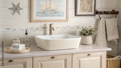 A pristine minimalist setting featuring a polished sink bathed in a soft color palette of creams and taupes with an understated nautical artwork adding a touch of interest photo