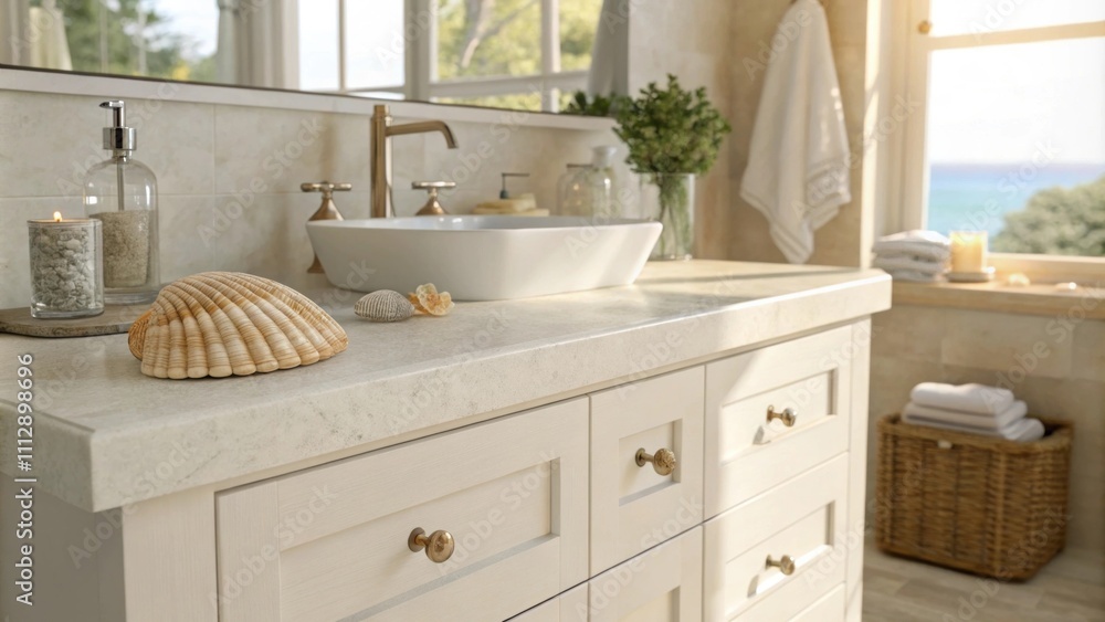 A bright inviting bathroom highlighting a chic vanity with a minimalist design featuring a lone seashell as a decorative accent and suffused with warm natural light for a A bright inviting bathroom highlighting a chic vanity with a minimalist design featuring a lone seashell as a decorative accent and suffused with warm natural light for a